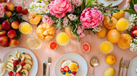 Flat lay of a chic brunch arrangement including eggs benedict, mimosas, and a selection of fresh fruitの素材