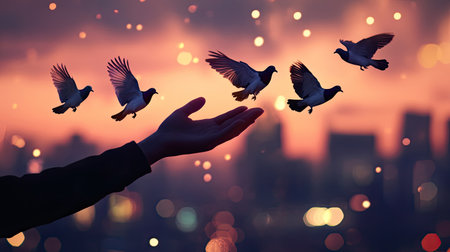 Elegant silhouette of a hand freeing pigeons against a city skyline with shimmering lights at duskの素材