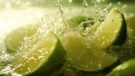 Juicy lime splash with fresh wedges captured in close-up, showcasing a refreshing and vibrant sceneの素材