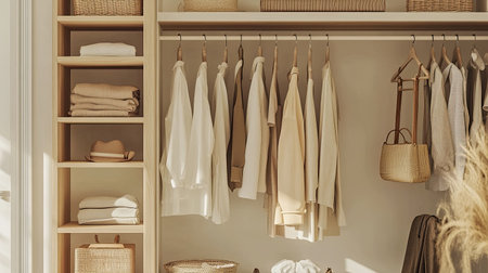 Minimalist wardrobe with open shelving and neutral color schemeの素材