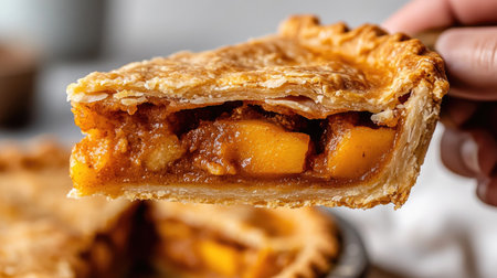 Pie slice being lifted from a pie cut into quarters, showcasing the layers and texture of the filling and crustの素材
