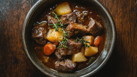 Top-down shot of a delicious lamb stew with vegetables in a rustic bowl, highlighting the rich, comforting dishの素材