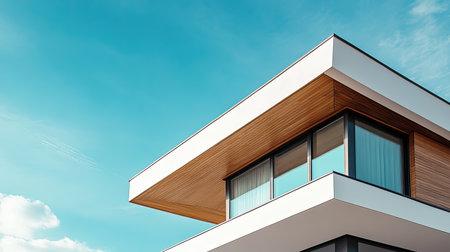 Sleek roof design of a modern house with a clear sky aboveの素材