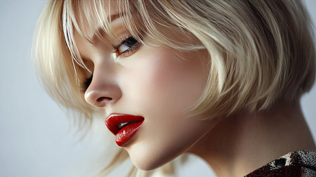Trendy blonde bob hairstyle on a model, focusing on beauty and cosmetics in a professional fashion photo shootの素材