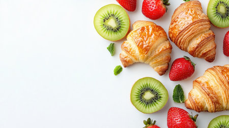 Bird's eye view of croissants, strawberries, and kiwi on a white background. High quality, ample copy space, clean -の素材