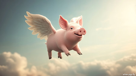 Fantasy of a pig with wings flying through the sky, rendered in 3D, illustrating the "when pigs fly" concept.の素材