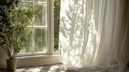 White curtains gently billowing in the breeze from an open windowの素材