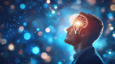 Businessman with half virtual lightbulb and brain on blue bokeh background. Smart thinking and innovation concept.の素材