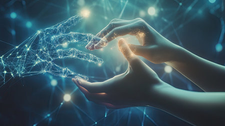 Hands of a robot and human touching, surrounded by global network connections, illustrating AI, machine learning, and digital technology.の素材