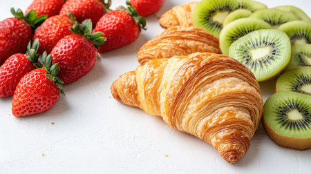 Fresh croissants and ripe strawberries with kiwi arranged on a white surface. High angle, white background, copy spaceの素材