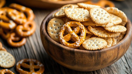 High angle view of saltine crackers and pretzels in a wooden bowl on a rough wooden table. Oktoberfest, white background, copy spaceの素材