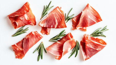 Serrano ham slices with rosemary arranged neatly on a white backdrop. High quality, high angle, no people, copy spaceの素材