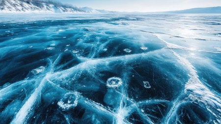 Ice surface on Baikal Lake showing methane bubbles and cracks. Winter scene, abstract patterns, high qualityの素材