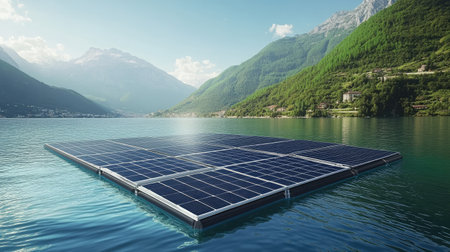 Innovative floating solar power plant in action, highlighting advancements in renewable energy and sustainable technology.の素材