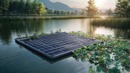 Innovative floating solar power plant in action, highlighting advancements in renewable energy and sustainable technology.の素材