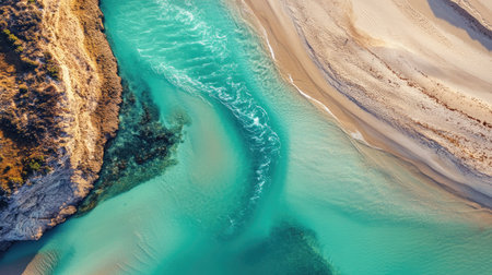 Stunning top view of turquoise river and coastal sandbar. High resolution, clean background, ample copy spaceの素材