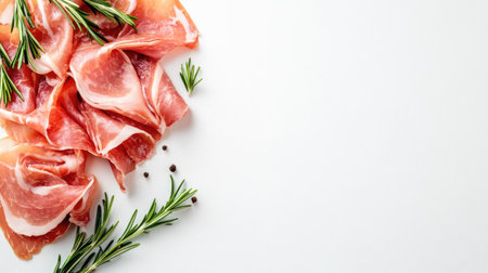 Isolated sliced Parma ham with rosemary on a white background. Top view, high quality, clean, ample copy spaceの素材