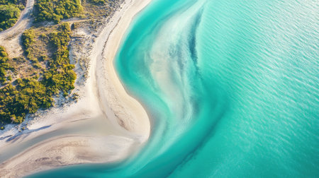 Stunning top view of turquoise river and coastal sandbar. High resolution, clean background, ample copy spaceの素材