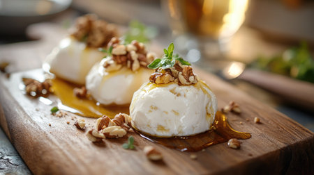 Traditional Italian burrata cheese with honey and nuts, served on a wooden board, emphasizing the sweet and savory flavors.の素材