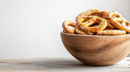 Wooden bowl with saltine crackers and small pretzels on a rough wooden table. Oktoberfest theme, white background, copy spaceの素材