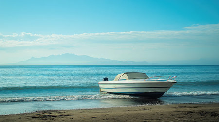 A cabin cruiser on Estepona Beach, creating a peaceful and scenic image perfect for text and design elements.の素材