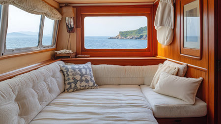 Cozy and inviting cabin cruiser with comfortable seating and a beautiful ocean backdrop for a restful retreatの素材