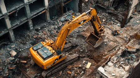 Bright yellow construction excavator working diligently on a building site, surrounded by construction debris and machineryの素材