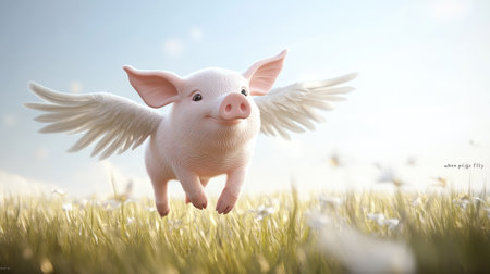 Whimsical 3D pig with wings flying high, representing the imaginative and humorous "when pigs fly" theme. -の素材