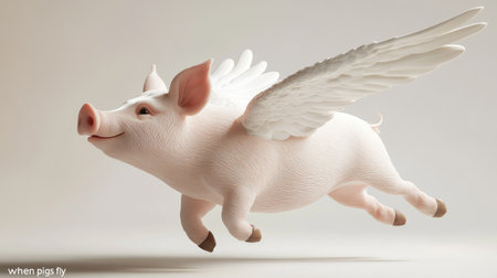 Whimsical 3D pig with wings flying high, representing the imaginative and humorous "when pigs fly" theme. -の素材