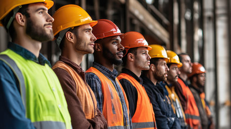 Engineers of varied backgrounds holding helmets and lined up on a train garage site, emphasizing unity and teamworkの素材