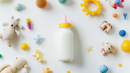 White background featuring a milk bottle and assorted baby toys. Top view, clean, high quality, no peopleの素材
