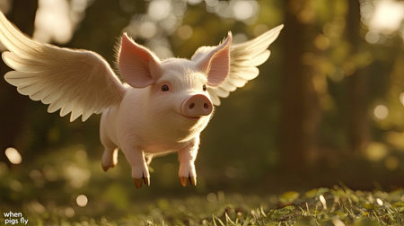 Whimsical 3D pig with wings flying high, representing the imaginative and humorous "when pigs fly" theme. -の素材