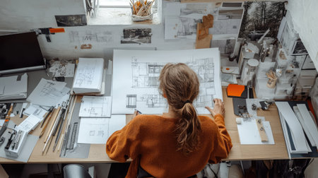 Architect designer at work on a start-up project, focused on detailed drawings and plans, with a workspace filled with design materialsの素材