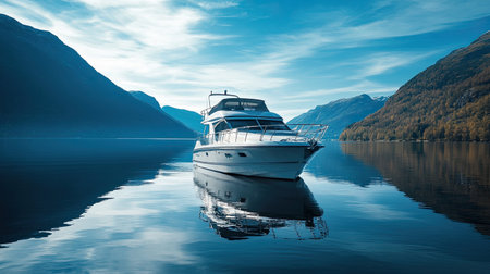 Beautiful cabin cruiser on a pristine exclusive lake, providing a serene and luxurious backdrop.の素材