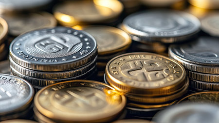 Close-up of Euro coins stacked in multiple formations, highlighting their texture and detail.の素材
