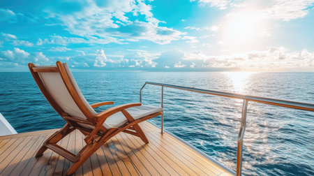 Inviting deck chair on a luxury cabin cruiser overlooking a calm, serene sea, ideal for peaceful relaxationの素材