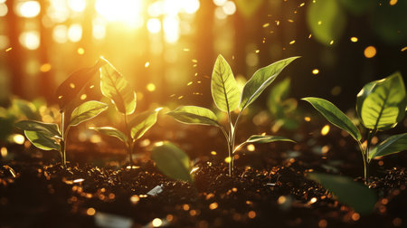 Money with flourishing plants and flare light effects, highlighting the connection between finance and growth.の素材