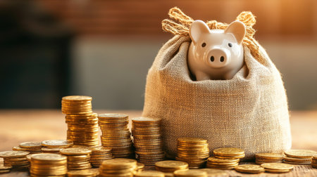 Money bag and piggy bank with gold coins, representing financial security and growth with a focus on wealth.の素材