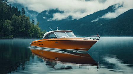 Beautiful cabin cruiser on a pristine exclusive lake, providing a serene and luxurious backdrop.の素材