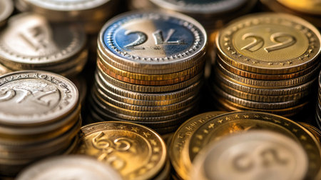 Different stacks of Euro coins arranged artistically, focusing on their shiny surfaces and intricate designs.の素材