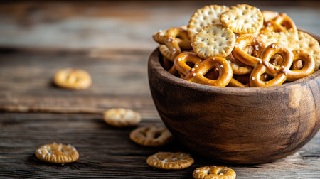 Wooden bowl with saltine crackers and small pretzels on a rough wooden table. Oktoberfest theme, white background, copy spaceの素材