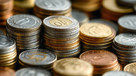 Close-up of Euro coins stacked in multiple formations, highlighting their texture and detail.の素材