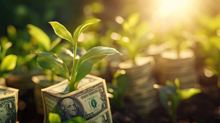 Green plants sprouting from stacks of money with bright flare light effects, symbolizing financial prosperity and growth.の素材