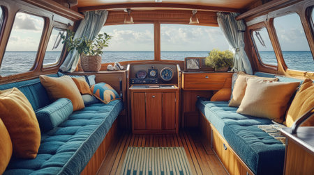Cozy and inviting cabin cruiser with comfortable seating and a beautiful ocean backdrop for a restful retreatの素材