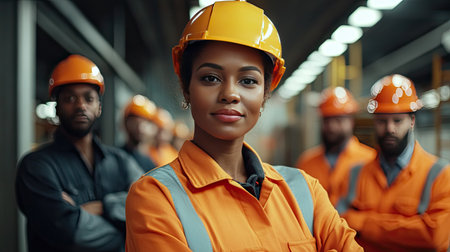 Diverse team of engineers in safety helmets standing confidently in a train garage, showcasing teamwork and collaborationの素材