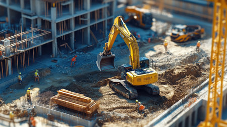 Construction site scene featuring a yellow excavator in operation, with workers and equipment contributing to site progressの素材