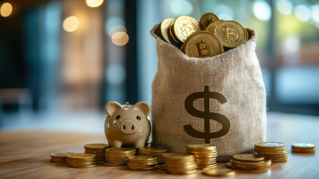 Money bag and piggy bank with gold coins, representing financial security and growth with a focus on wealth.の素材