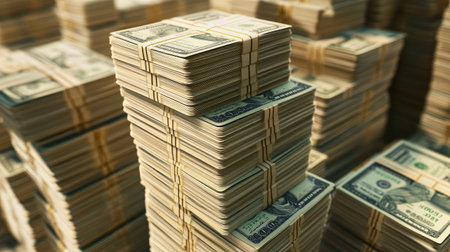 Increasing money stacks representing growth and profitability, ideal for investment and financial planning visuals.の素材