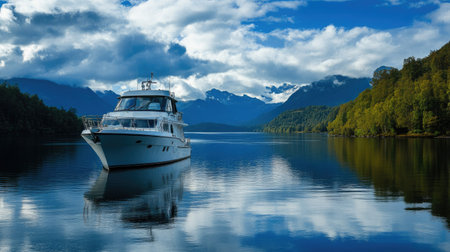 Exquisite cabin cruiser on an exclusive lake, embodying serenity and luxury with a tranquil, picturesque setting.の素材