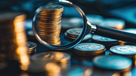Magnifying glass focused on stacks of increasing money coins, emphasizing financial growth and analysis.の素材